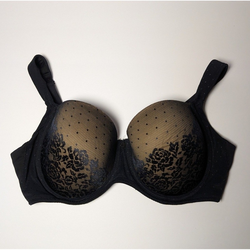 Soma Stunning Support Full Coverage Bra 34DD Black Lace Mesh Polka Dot 111703